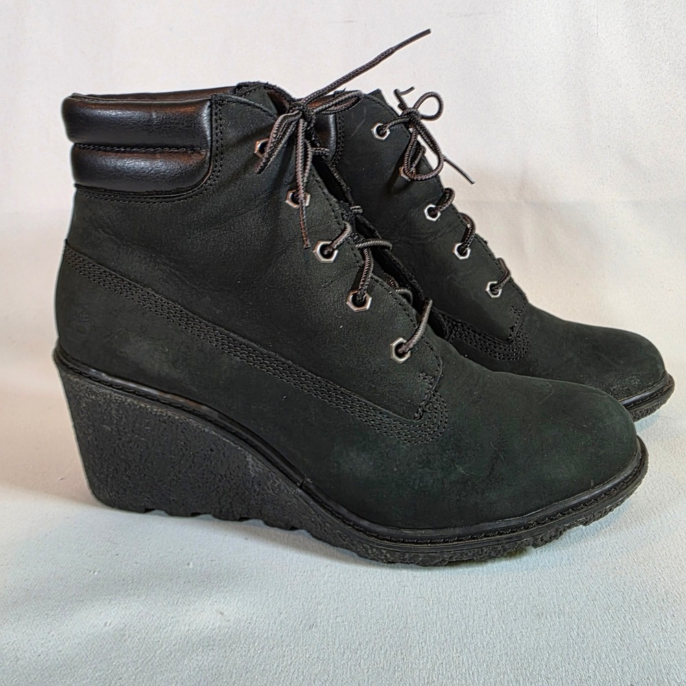 Timberland Amston Wedge Bootie Womens 8 Black Nubuck Leather Lace Up Lug Sole